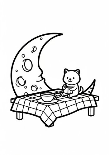 Cat's Moonlit Tea Party Coloring Page