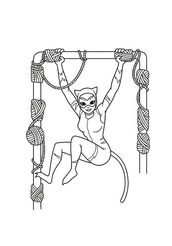 Catwoman Exploring A Jungle Gym Made Of Yarn - Coloring Page