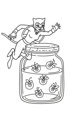 Coloring Page: Catwoman Playing Tag With Fireflies In A Jar - Coloring Page