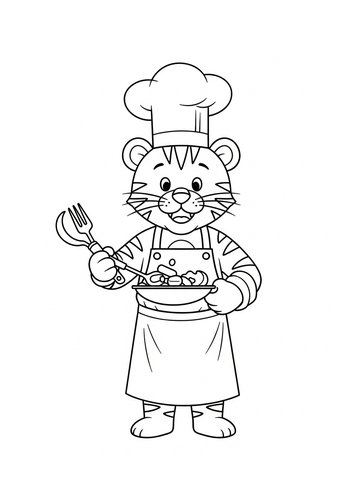 Chef Tiger Cooking Coloring Page For Kids