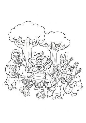 Coloring Page: Cheshire Cat Conducting A Forest Orchestra - Coloring Page