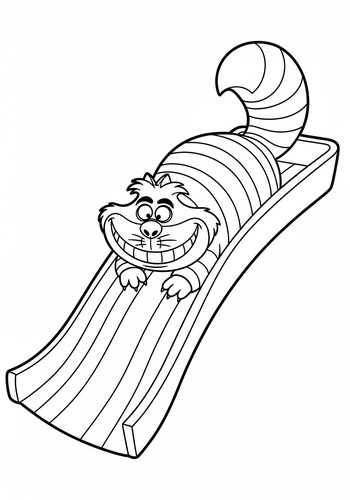 Cheshire Cat Sliding Down A Rainbow Slide: Coloring Page Fun