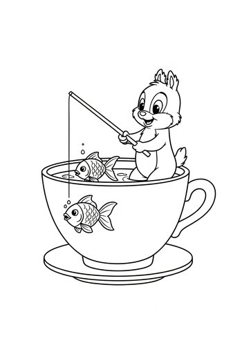 Coloring Page: Chip Fishing For Goldfish In A Giant Teacup Coloring Page