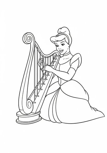 Cinderella Composing A Song On A Magical Harp - Coloring Page
