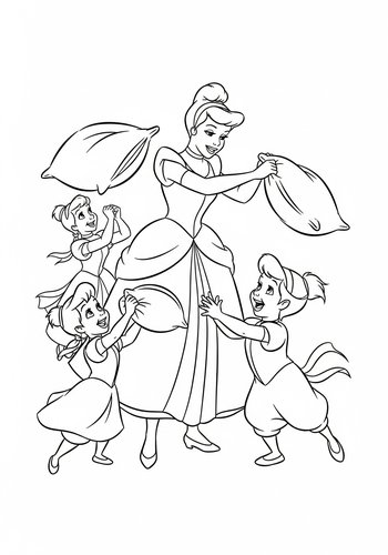Coloring Page: Cinderella Having A Pillow Fight With Jaq And Gus - Coloring Page