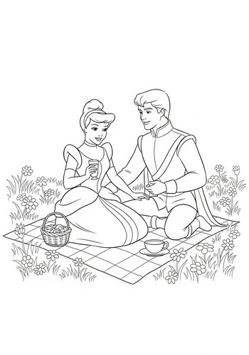 Cinderella's Picnic Coloring Page: Prince And Wildflowers