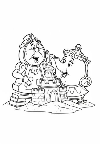 Coloring Page: Cogsworth And Mrs. Potts Build A Sandcastle - Coloring Page Fun