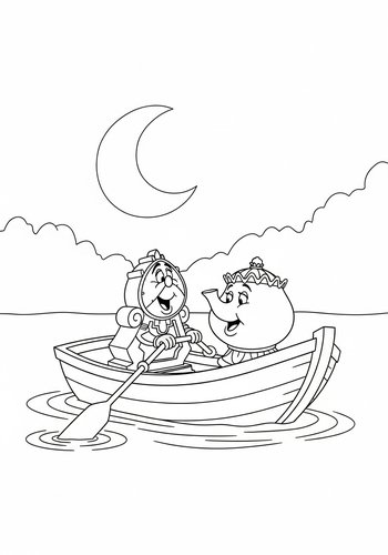 Cogsworth Rowing A Boat On A Moonlit Lake With Mrs. Potts - Coloring Page