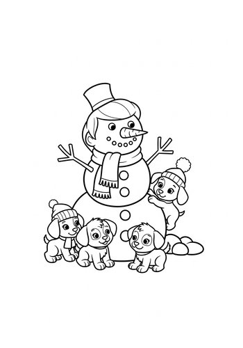 Cruella Building A Snowman With Puppies: Winter Fun Coloring Page