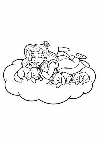 Cruella Floating On A Cloud With Sleeping Puppies Coloring Page