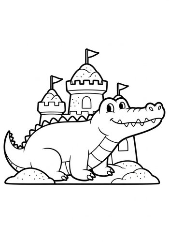 Cute Alligator At The Sandcastle Coloring Page