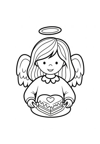 Cute Angel With Cake Coloring Page
