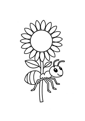 Cute Ant On Sunflower Coloring Page