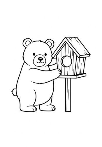 Cute Bear And Birdhouse Coloring Page