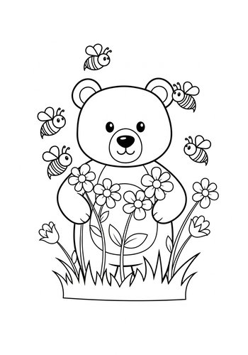 Cute Bear In The Garden Coloring Page