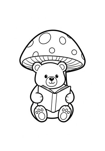 Cute Bear Reading Under Mushroom - Coloring Page