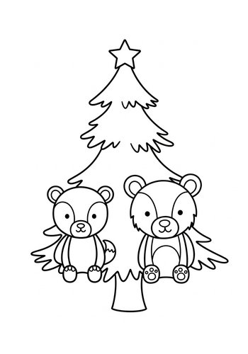 Cute Bears By Christmas Tree Coloring Page