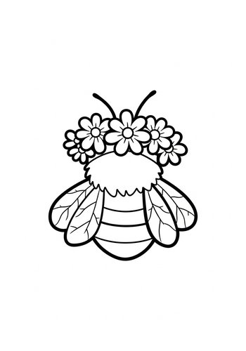 Cute Bee With Flowers Coloring Page