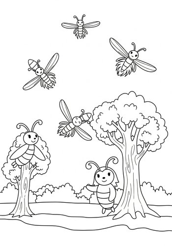 Cute Bees In Nature Coloring Page