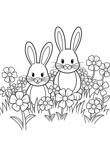 Cute Bunnies In Flower Garden - Coloring Page