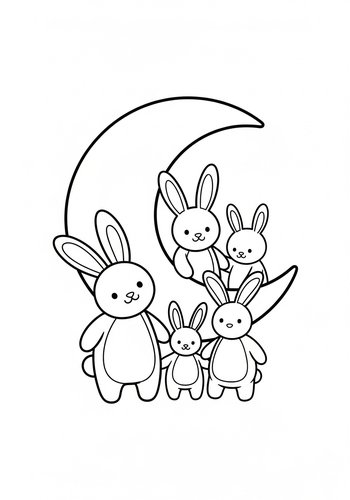 Cute Bunny Family On The Moon Coloring Page
