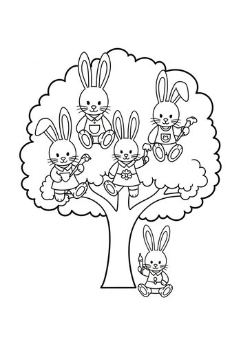Cute Bunny Rabbits In A Tree Coloring Page