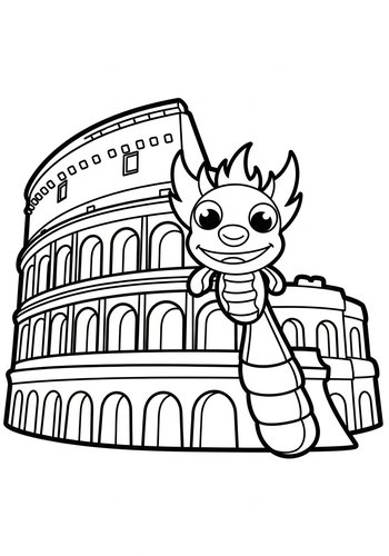 Cute Cartoon Dragon Visits The Colosseum Coloring Page