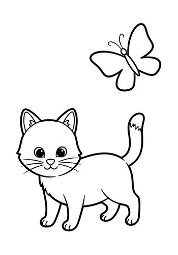 Cute Cat And Butterfly Coloring Page For Kids