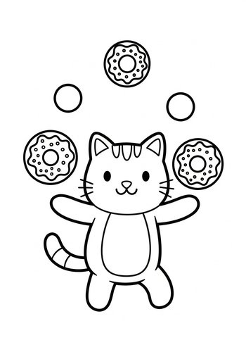 Cute Cat Juggling Donuts Coloring Page