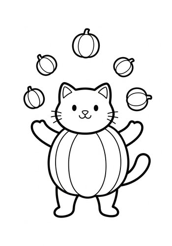 Cute Cat Juggling Pumpkins Coloring Page
