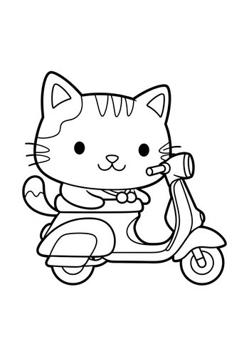 Cute Cat On Scooter Coloring Page