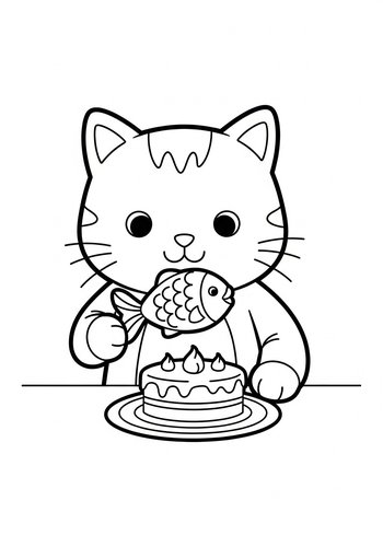 Cute Cat With Fish And Cake Coloring Page
