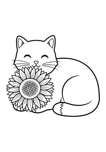 Cute Cat With Sunflower Coloring Page
