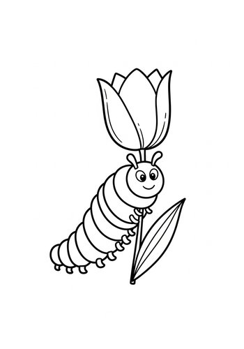Cute Caterpillar And Tulip Coloring Page