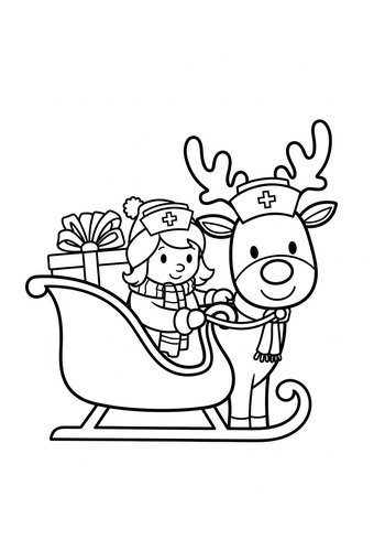 Cute Christmas Coloring Page: Nurse And Reindeer