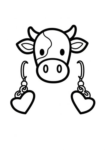 Cute Cow With Heart Earrings Coloring Page