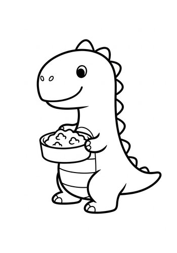 Coloring Page: Cute Dinosaur With Snacks Coloring Page