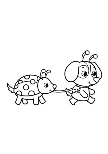 Cute Dog Walking Ladybug Friend - Coloring Page