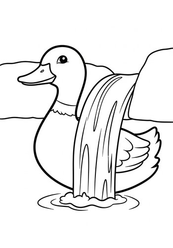 Cute Duck By The Waterfall Coloring Page