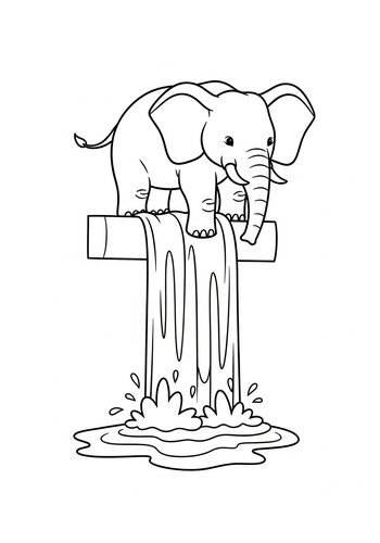 Cute Elephant On Waterfall Coloring Page
