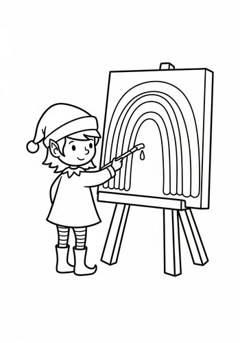 Cute Elf Painting Rainbow Coloring Page
