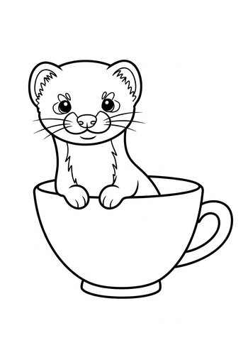 Cute Ermine In A Teacup Coloring Page