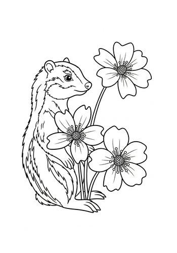Cute Ferret And Flowers Coloring Page