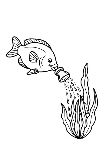 Cute Fish Watering Plants Coloring Page