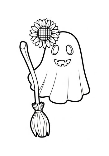 Cute Ghost With Sunflower And Broom Coloring Page