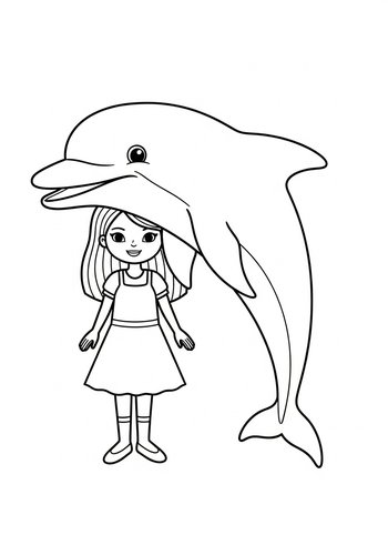Cute Girl And Dolphin Coloring Page