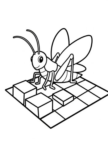 Cute Grasshopper On Blocks Coloring Page