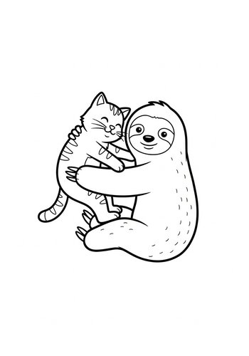 Cute Hugs: Sloth And Cat Coloring Page