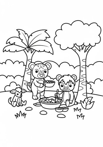 Cute Jungle Picnic Coloring Page