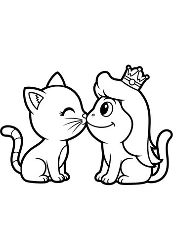 Cute Kiss Coloring Page: Cat And Princess